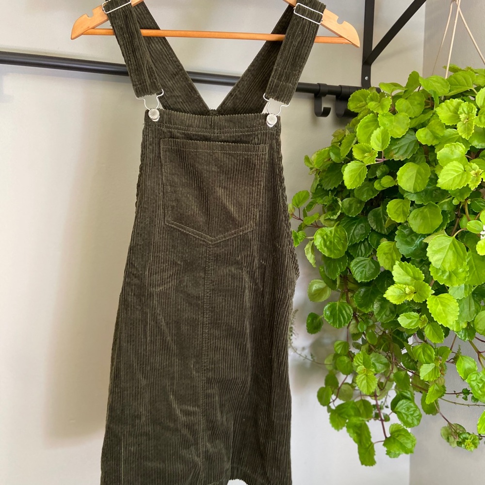 Olive Green Corduroy Overalls Mini Dress